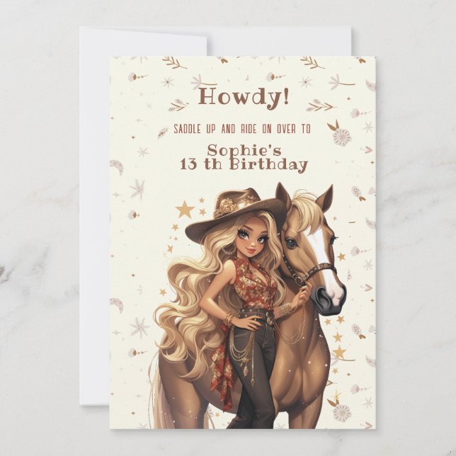 Wild west cowgirl birthday invitation (Front)