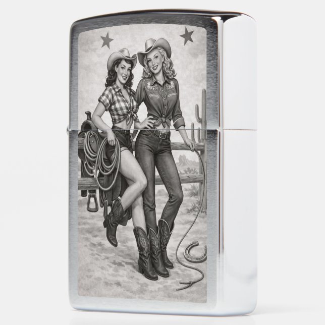 Wild West Cowgirl Duo Retro Western Pin-Up Zippo Lighter (Left)