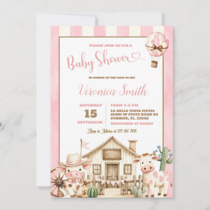 Wild West Cute Cowboy Pink Girl Baby Shower Invitation