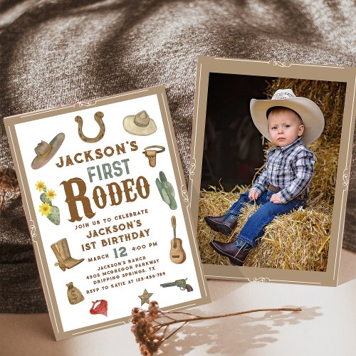 Wild West First Rodeo Cowboy 1st Birthday Photo Invitation
