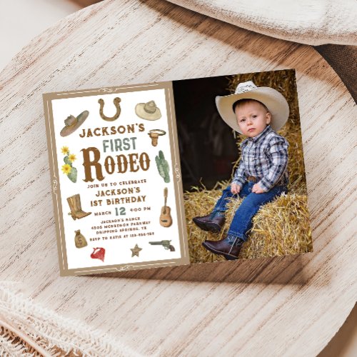 Wild West First Rodeo Cowboy Birthday Photo Invitation