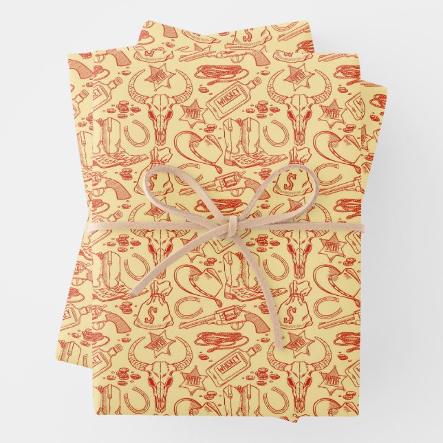 Wild West Old Cowboy Pattern Rustic Western Wrapping Paper Sheets (In situ)