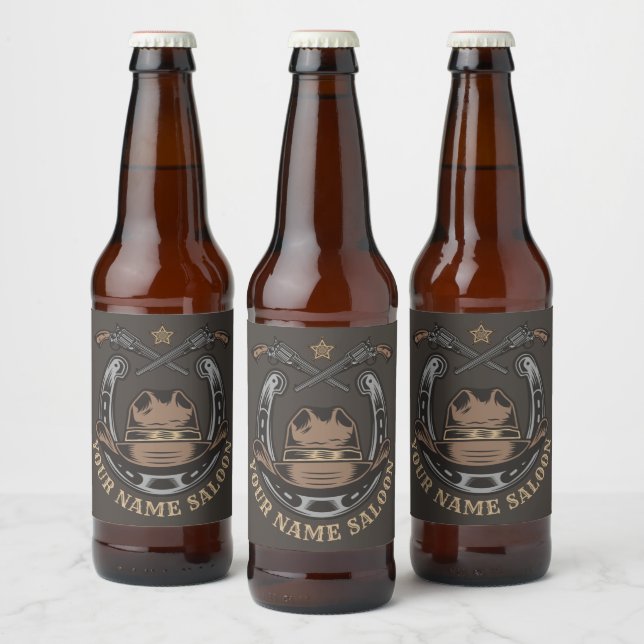 Wild West Revolver Horseshoe Western Cowboy Saloon Beer Bottle Label (Bottles)