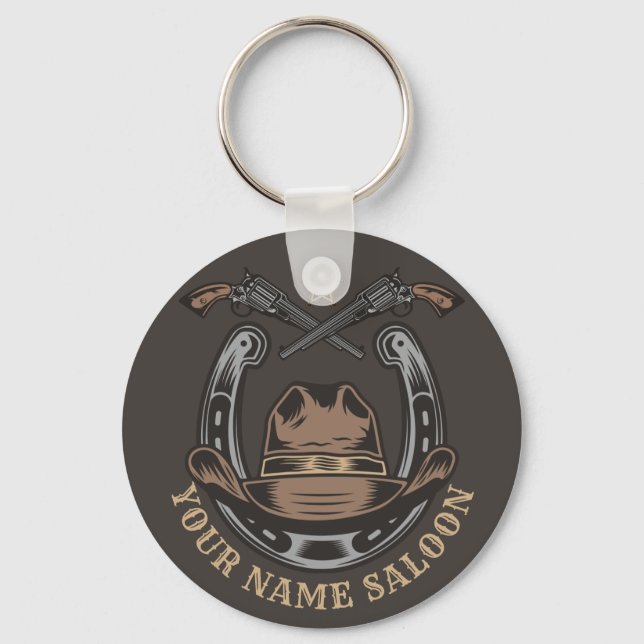 Wild West Revolver Horseshoe Western Cowboy Saloon Keychain (Front)