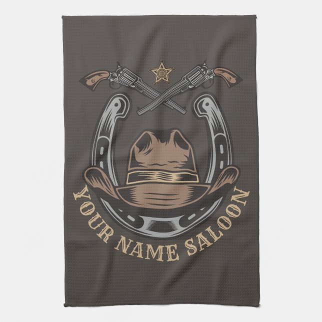 Wild West Revolver Horseshoe Western Cowboy Saloon Kitchen Towel (Vertical)