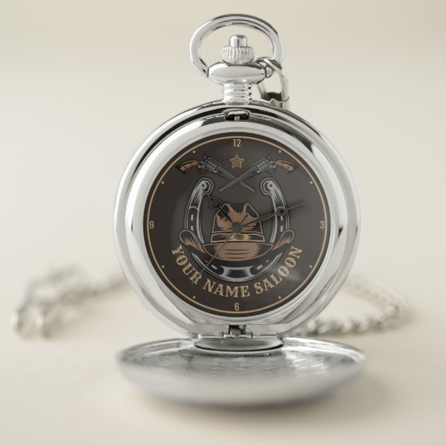 Wild West Revolver Horseshoe Western Cowboy Saloon Pocket Watch (Inside)