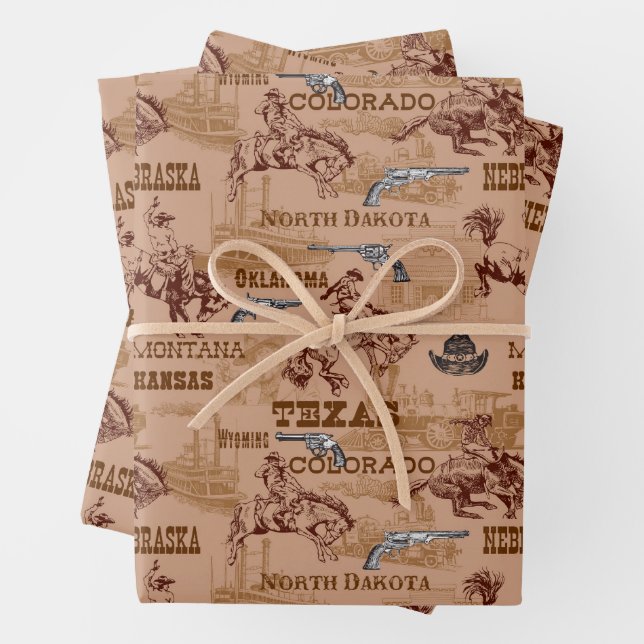 Wild West Rodeo Cowboys Broncos Six Shooters Wrapping Paper Sheets (In situ)