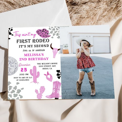 Wild West Rodeo Disco Cowgirl 2nd Birthday Photo Invitation