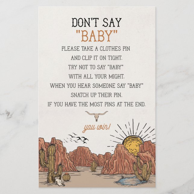 Wild West Rodeo dont say baby shower game (Front)