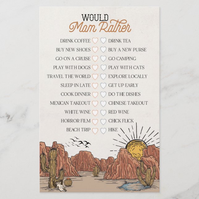 Wild West Rodeo would mom rather baby shower game (Front)