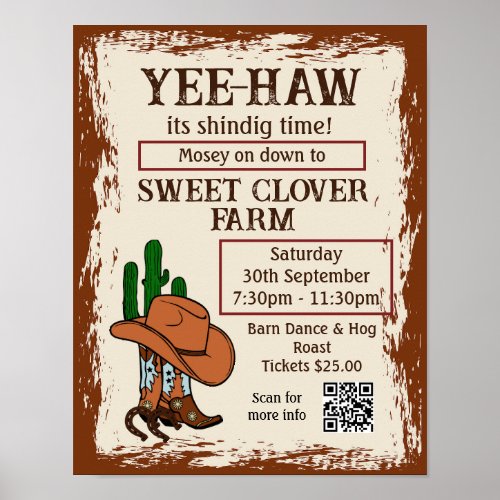 Wild West Rustic Cowboy Western Party QR Code Poster