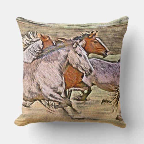 Wild West Rustic Horses Scene Throw Pillow