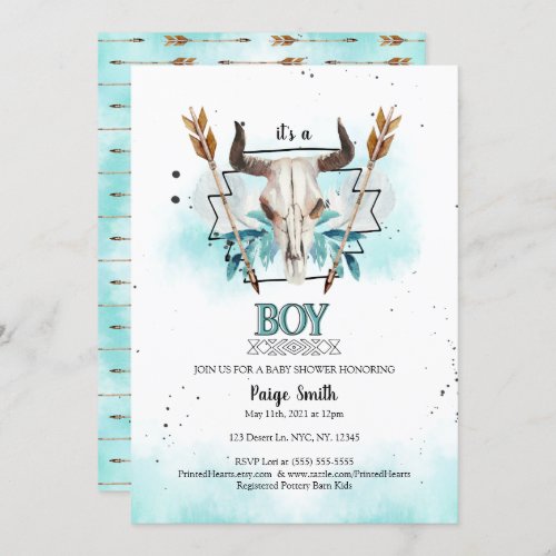 Wild West  Rustic Skull  Arrows Boy Baby Shower Invitation