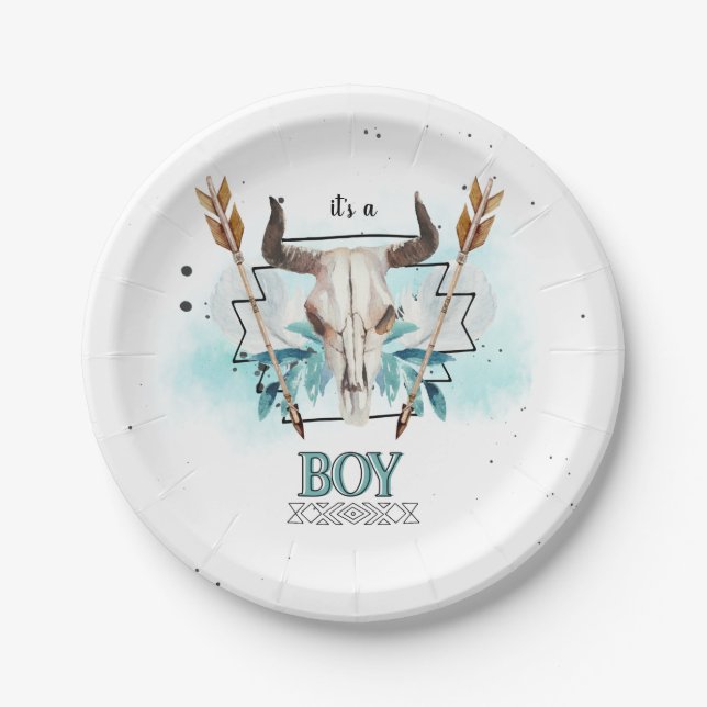 Wild West | Rustic Skull & Arrows | It's A Boy Paper Plates (Front)
