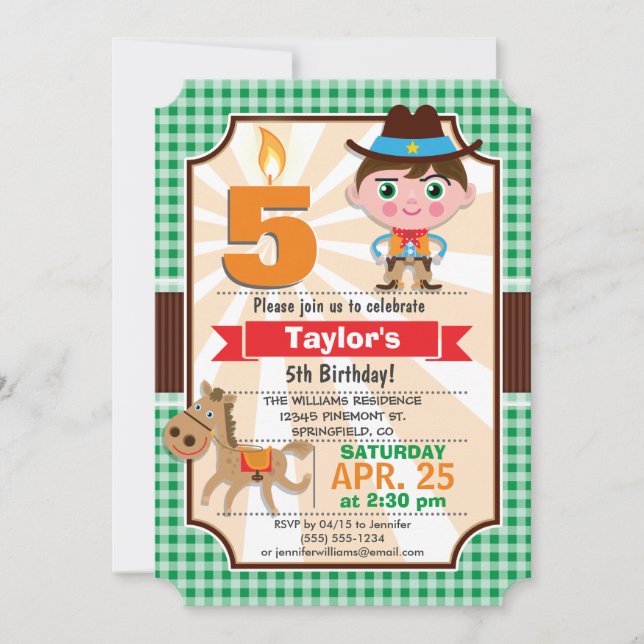 Wild West Sheriff Boy; Green Birthday Party Invitation (Front)