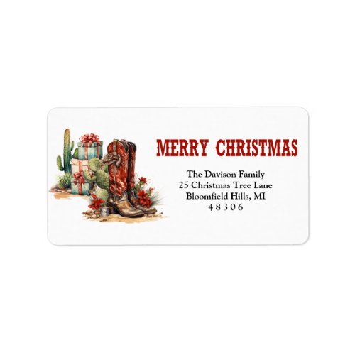 Wild west style cowboy boots and Christmas gifts Label