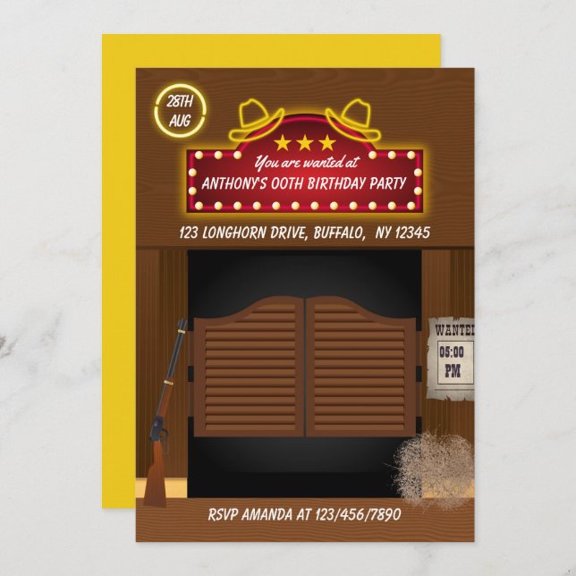 Wild West Themed Neon Birthday Party invitation (Front/Back)