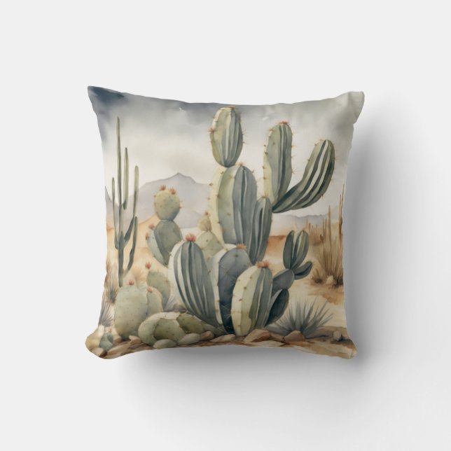 Wild West Vibes Cactus Watercolor Throw Pillow (Front)