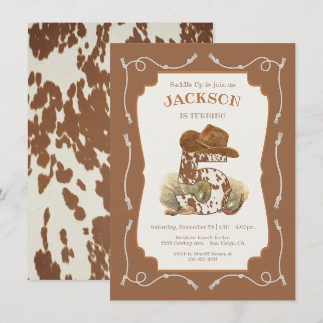 Wild West Western Cowboy 5th Birthday Party Invitation (Front/Back)