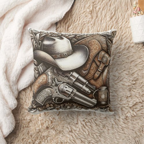 Wild West With Cowboy Hat and Guns Throw Pillow