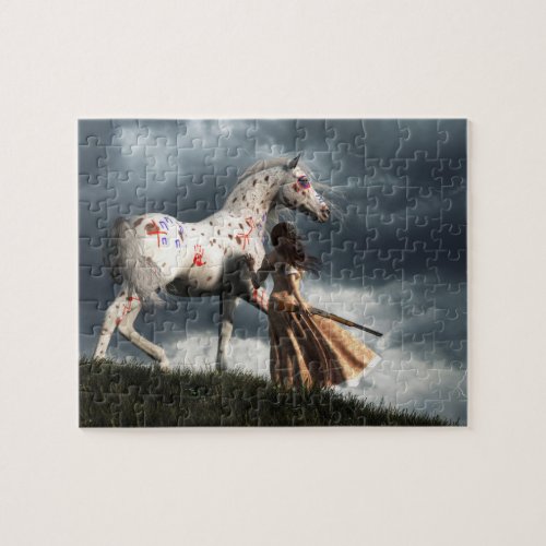 Wild West Woman and War Horse Watching a Storm Jigsaw Puzzle