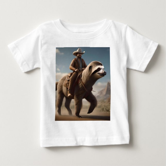 "Wild West Wonders: Cowboy Riding a Sloth Horse" Baby T-Shirt (Front)