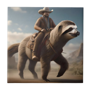 "Wild West Wonders: Cowboy Riding a Sloth Horse" Ceramic Tile
