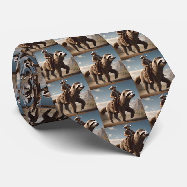 "Wild West Wonders: Cowboy Riding a Sloth Horse" Neck Tie (Rolled)