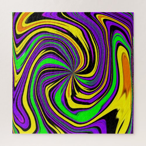 Wild Wet Paint Swirl in Green Purple and Yellow Jigsaw Puzzle