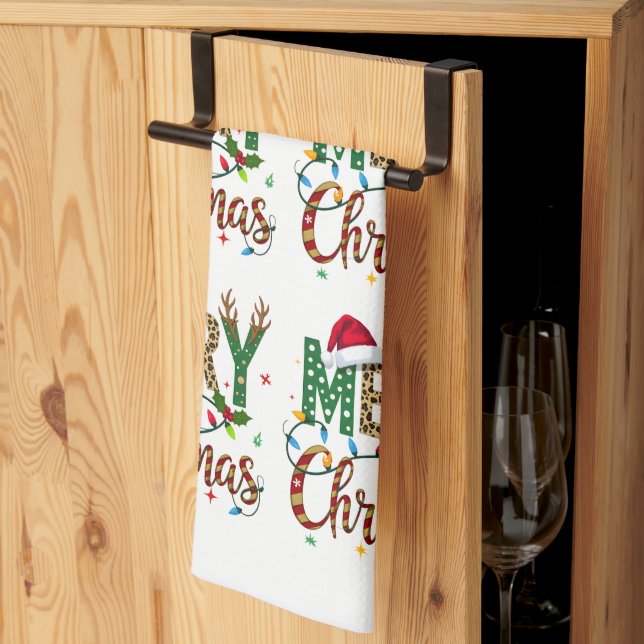 Wild & Whimsical Merry Christmas Leopard Print Kitchen Towel (Thirds Fold)