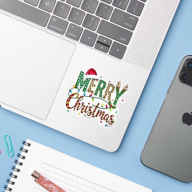 Wild & Whimsical Merry Christmas Leopard Print  Sticker (Laptop w/ iPhone)