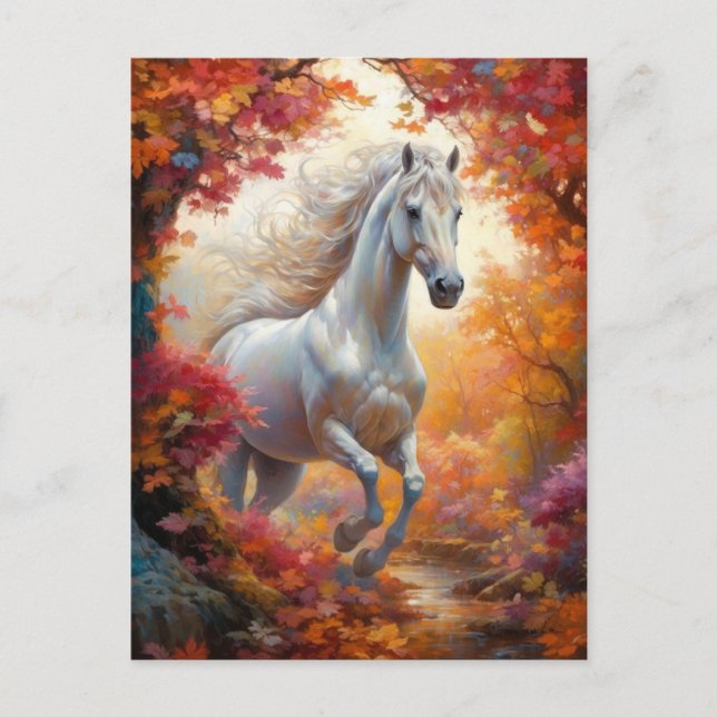 Wild White Horse Galloping in Autumn Postcard (Front)