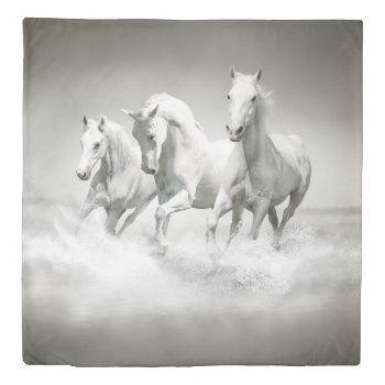 Wild White Horses (1 Side) Queen Duvet Cover by FantasyPillows at Zazzle