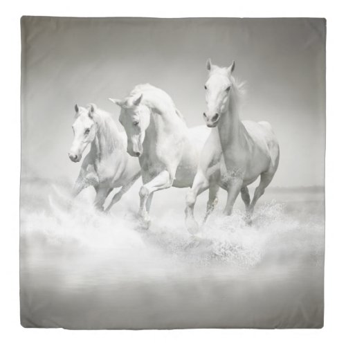 Wild White Horses 1 side Queen Duvet Cover