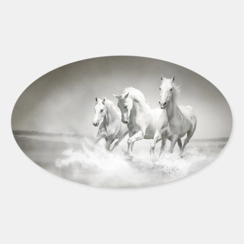 Wild White Horses Oval Stickers