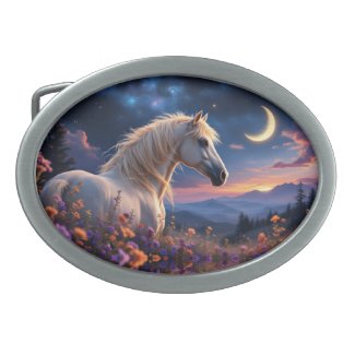 Wild White mustang Colorful flowers crescent moon