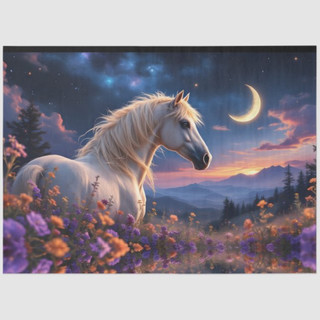 Wild White mustang Colorful flowers crescent moon Tissue Paper (Front)