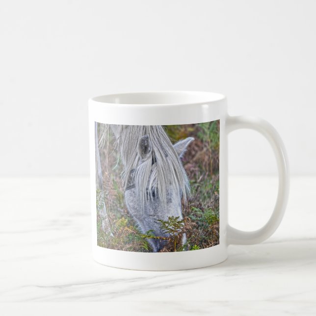 Wild White New Forest Pony Grazing on Bracken Coffee Mug (Right)