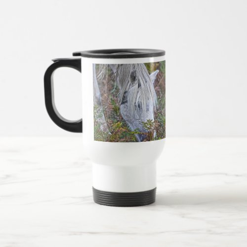 Wild White New Forest Pony Grazing on Bracken Travel Mug