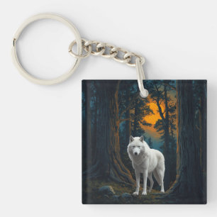 Wild White Wolf Under Moonlight Forest Animal Keychain
