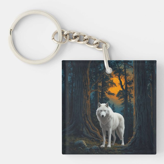 Wild White Wolf Under Moonlight Forest Animal Keychain (Front)