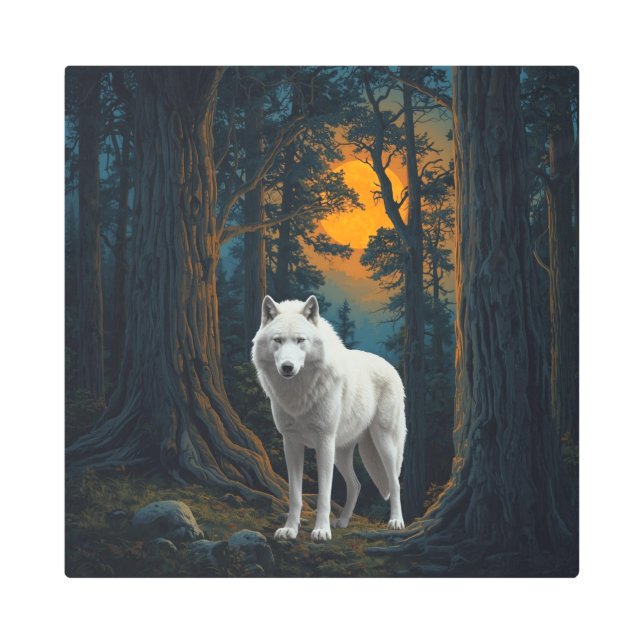 Wild White Wolf Under Moonlight Forest Animal Metal Print (Front)