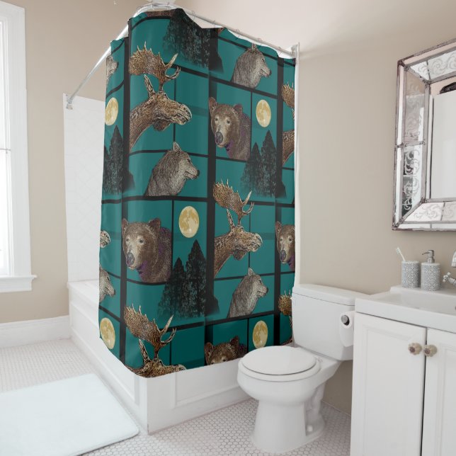 Wild Wilderness, Bear, Wolf, Moose and Moon Shower Curtain (In Situ)