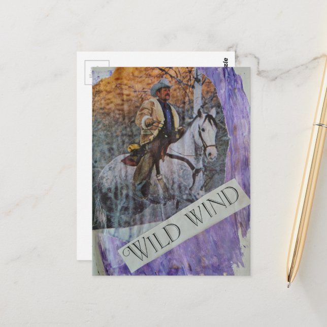 Wild Wind Retro Cowboy on Purple Postcard (Front/Back In Situ)