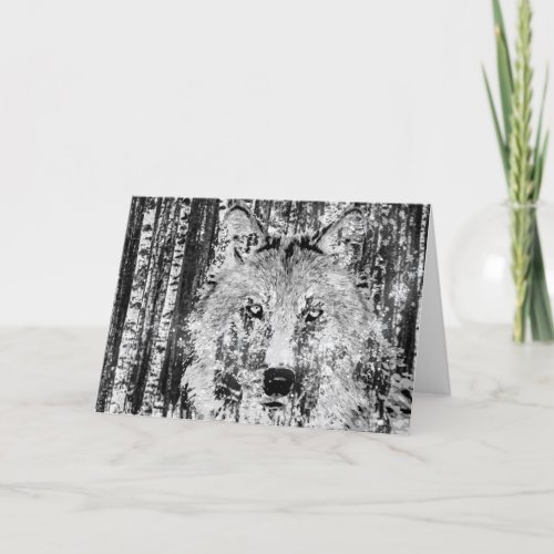 Wild Winter Wolf with Birch Trees Christmas Holiday Card