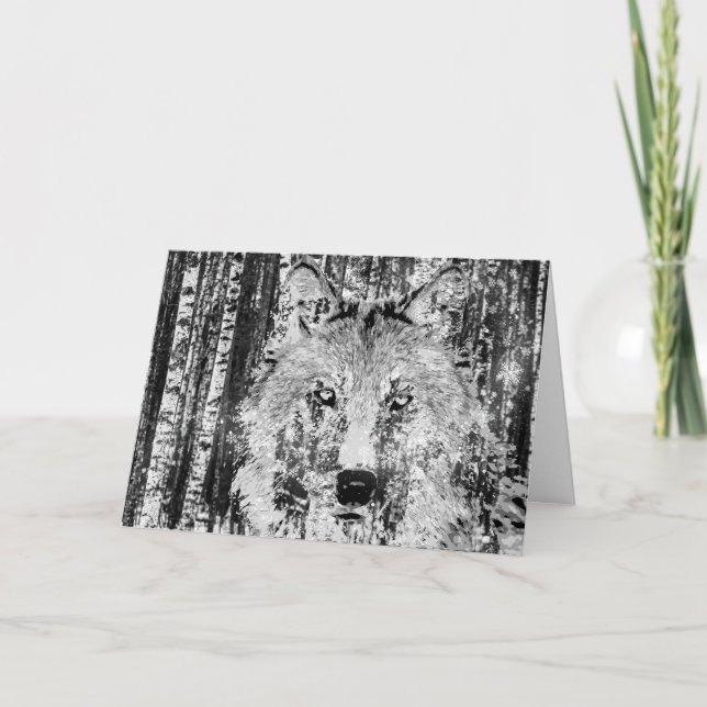 Wild Winter Wolf with Birch Trees Christmas Holiday Card (Front)