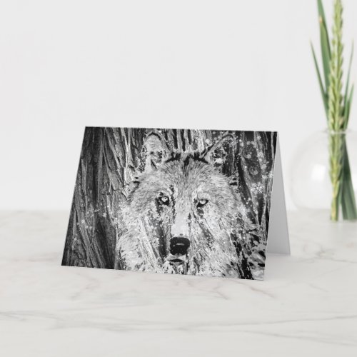 Wild Winter Wolf with Tree Bark and Snow Holiday Card