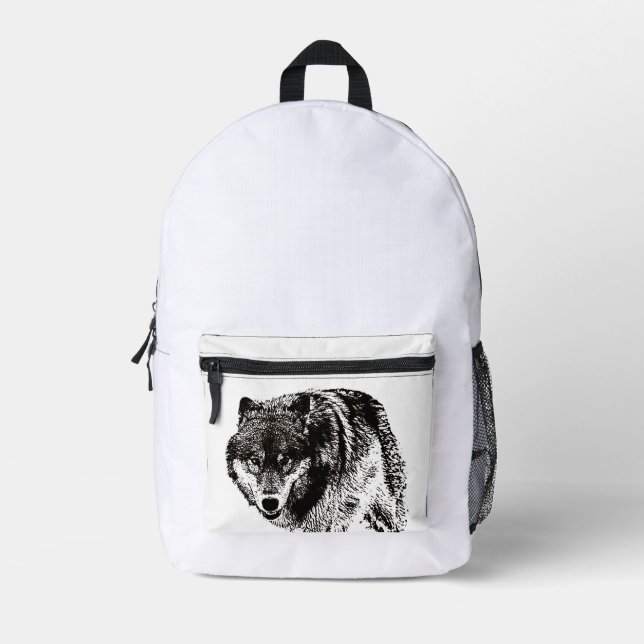 Wild Wolf Black & White Artwork Printed Backpack (Front)