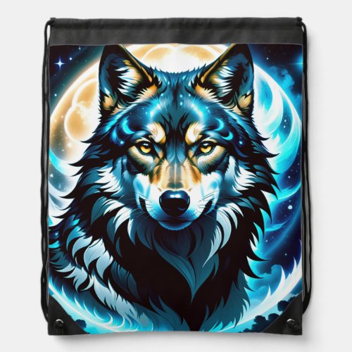 wild wolf in the moon drawstring bag