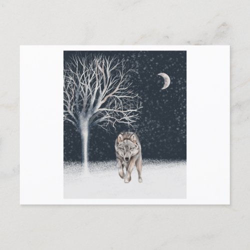 Wild wolf painted in watercolor during the winter postcard